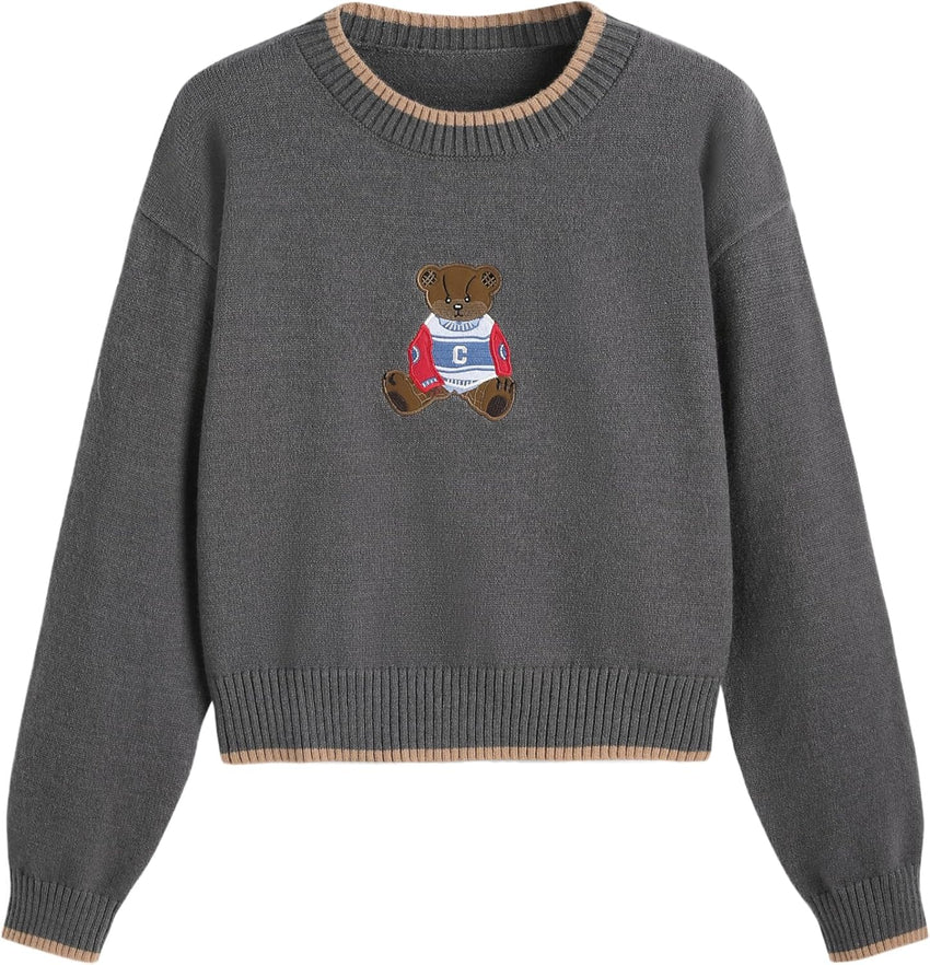CIDER Women's Fall Sweaters Long Sleeve Cute Sweaters Bear Graphic Crewneck Soft Knit Casual Cropped Pullover