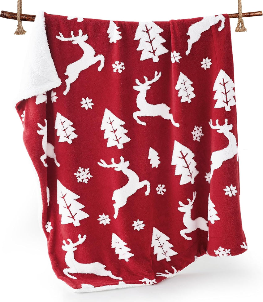 Bedsure Christmas Throw Blanket for Couch - Christmas Decorations Gifts for Women, Warm Sherpa Deer Throw Blanket, Red 50"x60"