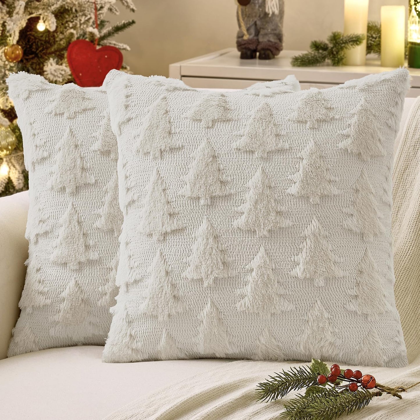 MIULEE Christmas Throw Pillow Covers Dark Green Christmas Decorations Set of 2 Xmas Tree 18x18 Pillow Covers Soft Plush Faux Wool Pillowcases Holiday Festivals Winter Home Decor Sofa Couch Bed Porch