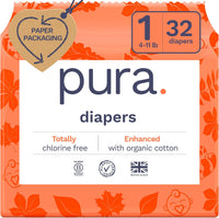 Pura Size 6 Eco-Friendly Diapers (29+ lbs) Hypoallergenic, Soft Organic Cotton, Sustainable, up to 12 Hours Leak Protection, Allergy UK, Recyclable Paper Packaging, 18 Count (Pack of 3) (54 Diapers)