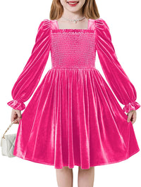 Arshiner Toddler Velvet Dress Girls Smocked Square Neck Puff Long Sleeve Party Dresses with Pockets 3-8Y