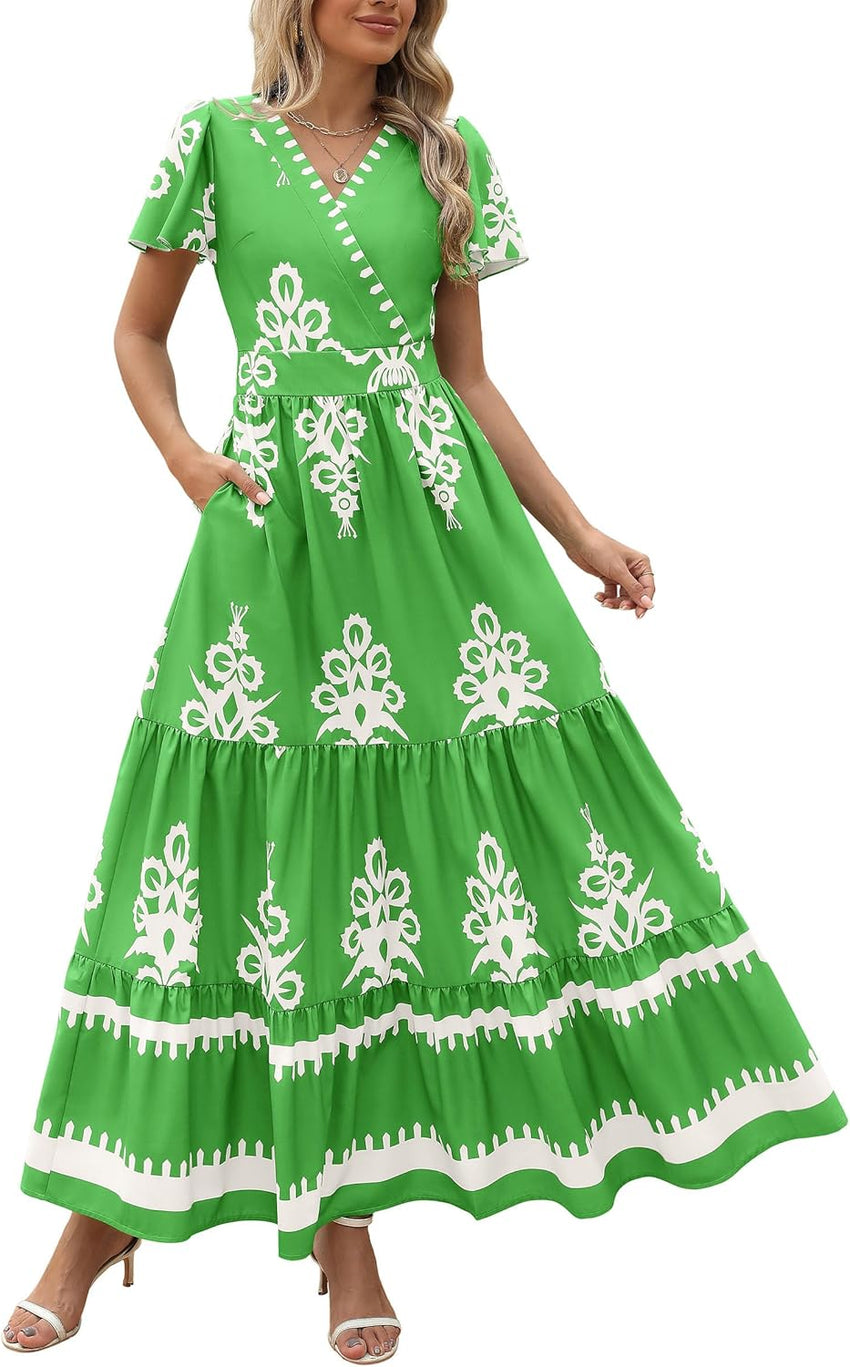 PRETTYGARDEN Womens 2025 Summer Casual V Neck Boho Maxi Dress Flowy Aline Bell Sleeve Tiered Floral Dresses with Pocket