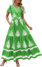 PRETTYGARDEN Womens 2025 Summer Casual V Neck Boho Maxi Dress Flowy Aline Bell Sleeve Tiered Floral Dresses with Pocket