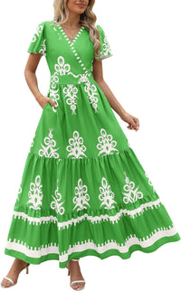 PRETTYGARDEN Womens 2025 Summer Casual V Neck Boho Maxi Dress Flowy Aline Bell Sleeve Tiered Floral Dresses with Pocket