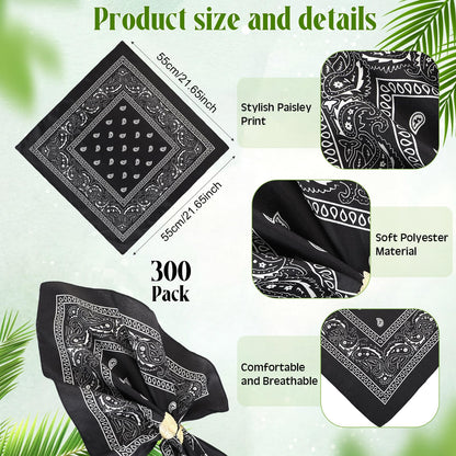 Suhine 300 Pcs Bandanas Bulk Unisex Paisley Bandanas Multipurpose Cowboy Head Wrap Scarf Headband Handkerchief for Women Men(Black)