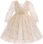 IMEKIS Toddler Kids Girls Tulle Dress Floral Embroidery Sparkly Wedding Party Long Sleeve Fall Photo Shoot Outfit 2-8T