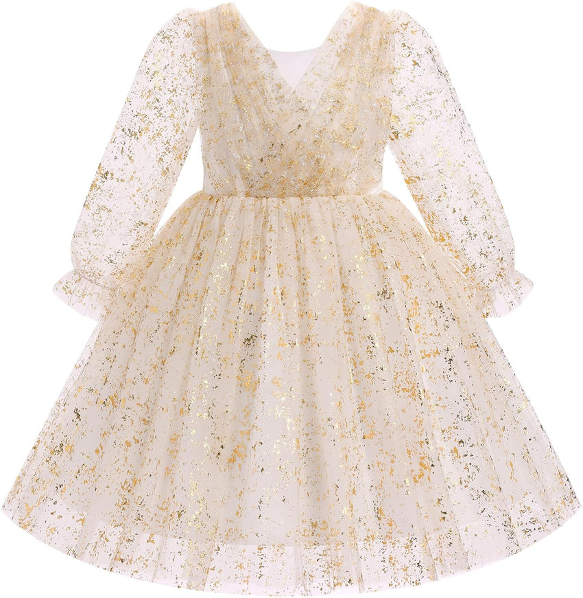 IMEKIS Toddler Kids Girls Tulle Dress Floral Embroidery Sparkly Wedding Party Long Sleeve Fall Photo Shoot Outfit 2-8T