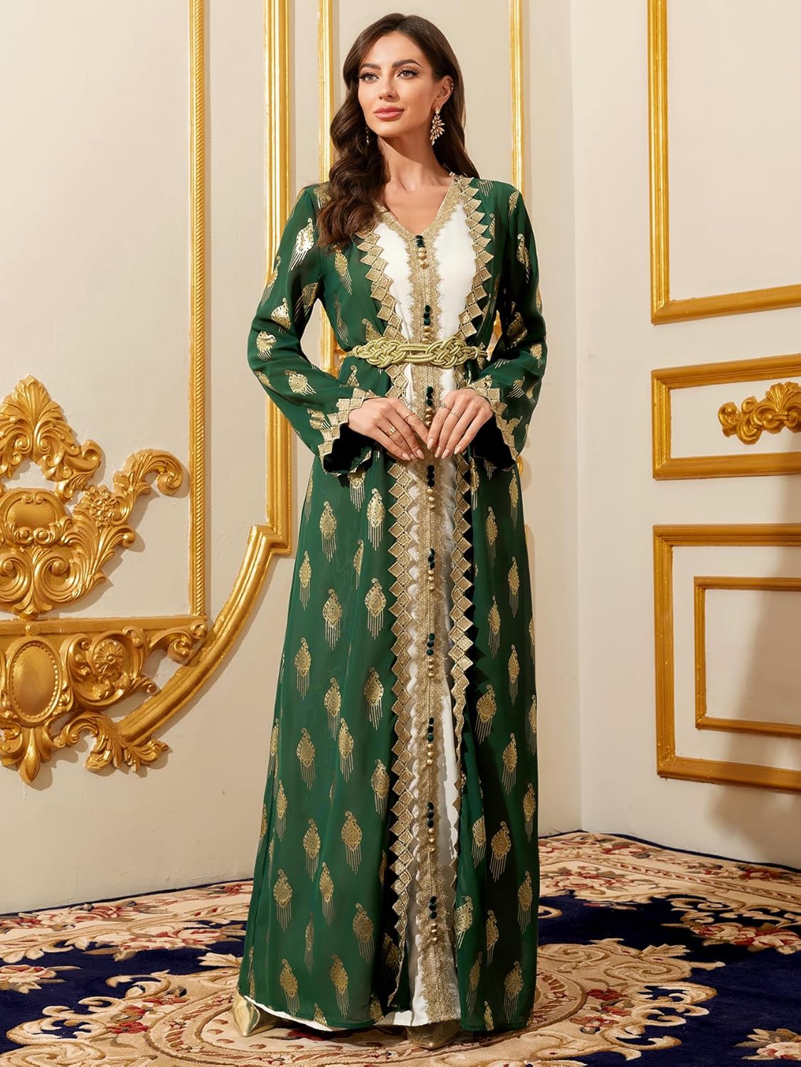 Middle Eastern Modest Maxi Dress - Muslim Moroccan Kaftan Abaya for Women Gold Embroidered Eid Dress Islamic Traditional Wear