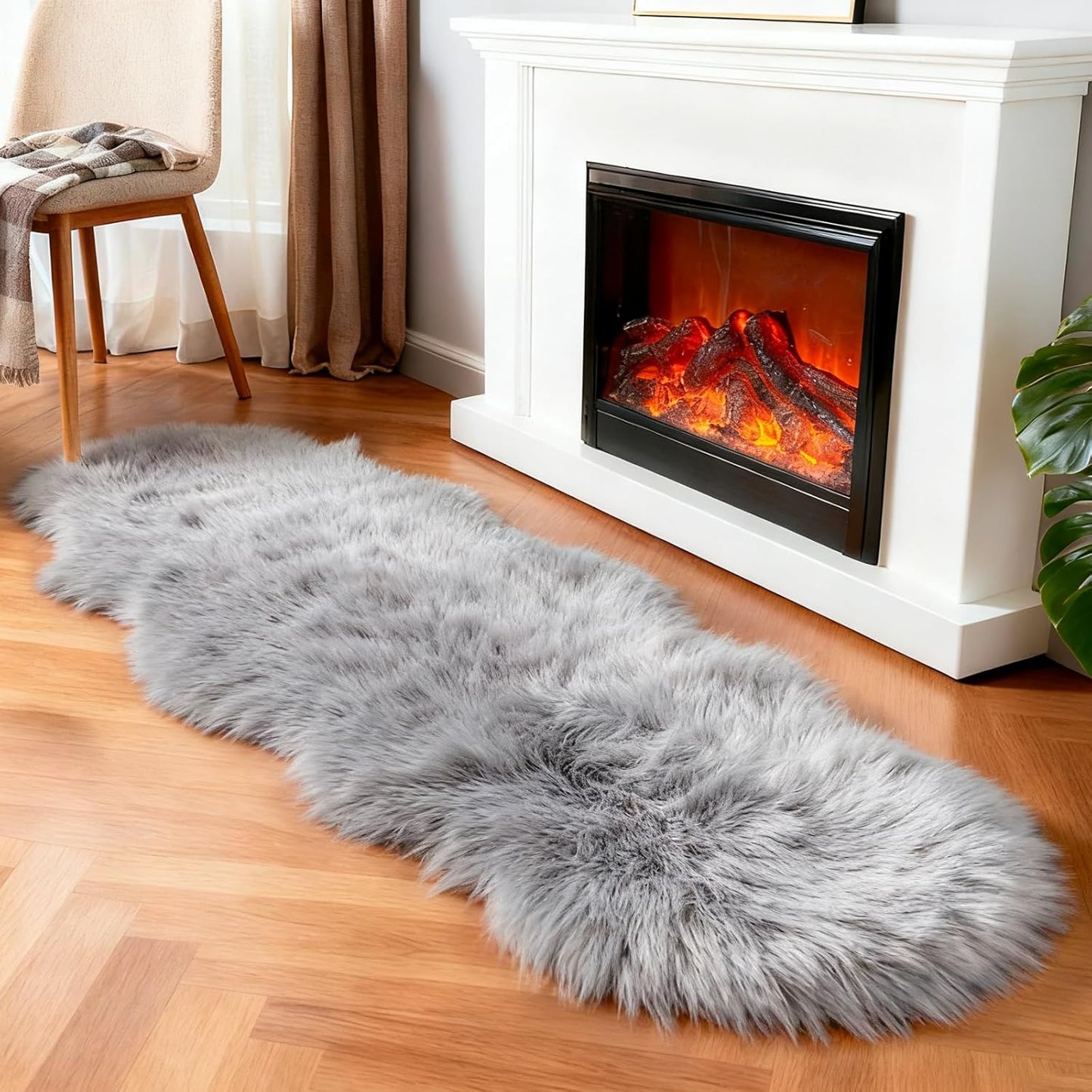 Faux Fur Rug Sheepskin Shag Fluffy Fuzzy White 2x6 ft Runner Rugs for Bedroom Bedside Bed Floor Living Room Plush High-Density Cushion Carpet Super Sofa Cover
