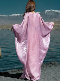 Elegant Butterfly Shine Abaya Dress, Dusty Rose, V-Neck Muslim Dress with Crystal Hand Beading, Kaftan Style, One-Size