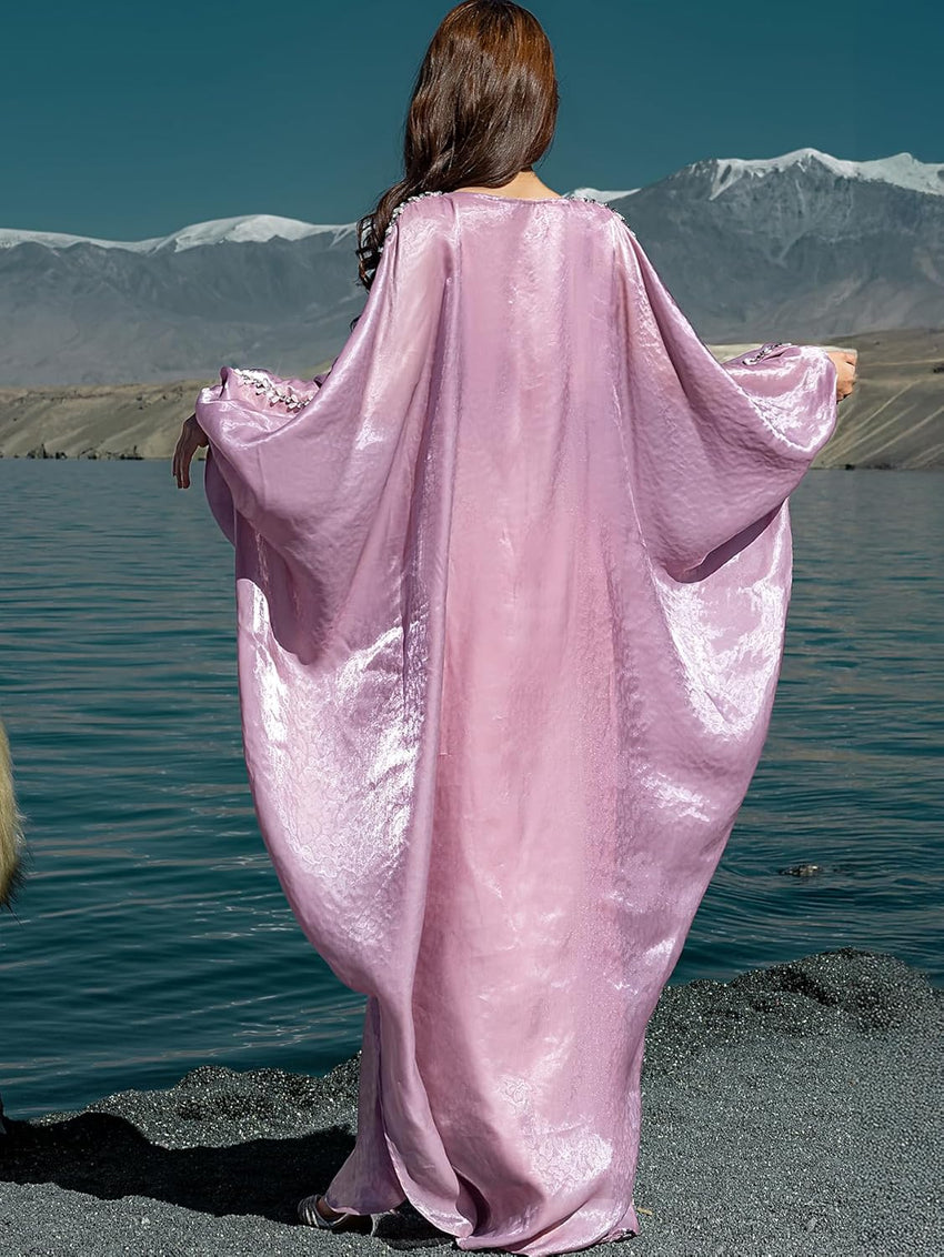 Elegant Butterfly Shine Abaya Dress, Dusty Rose, V-Neck Muslim Dress with Crystal Hand Beading, Kaftan Style, One-Size