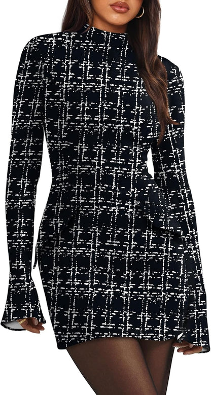 OFEEFAN Women's Fall Long Sleeve Mock Neck Dress Basic Party Club Bodycon Mini Dresses
