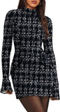 OFEEFAN Women's Fall Long Sleeve Mock Neck Dress Basic Party Club Bodycon Mini Dresses