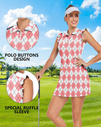 WOWENY Tennis Dress Polo Buttons Golf Dresses with Built in Shorts and Pockets Ruffle Sleeveless Athletic Workout Dress