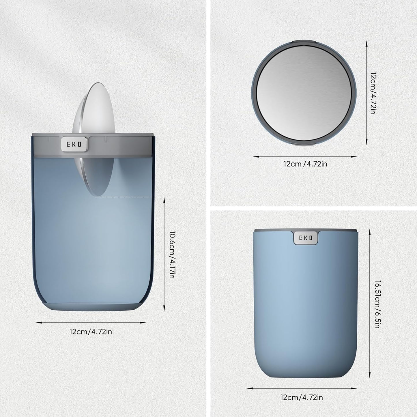 EKO Mini Desk Trash Can with Swing-Top Lid 0.4 Gallon Small Table Round Wastebasket for Office, Home, Car (Blue)