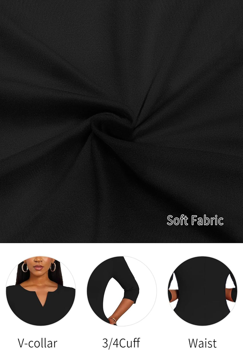 Nmoder Midi Dresses for Women A-Line Fit and Flare Dress 3/4 Sleeve V Neck Cocktail Wedding Guest Work Dress with Pockets