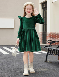 Arshiner Toddler Velvet Dress Little Girls Fall Winter Long Sleeve Ruffle Holiday Birthday Party Dresses with Pockets
