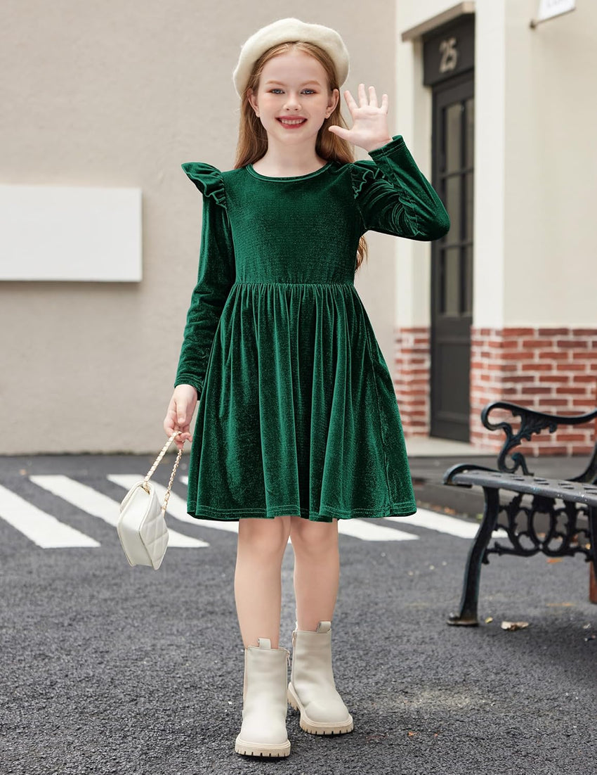Arshiner Toddler Velvet Dress Little Girls Fall Winter Long Sleeve Ruffle Holiday Birthday Party Dresses with Pockets