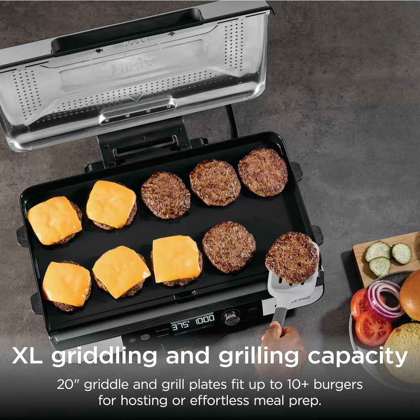 Ninja Sizzle Pro XL 20-Inch Indoor Griddle + Grill, Detachable Ventilated Lid, Grease Control, Ceramic Nonstick Plates, Even Edge-to-Edge Cooking, Extra Large Capacity, Versatile, Silver, GX101