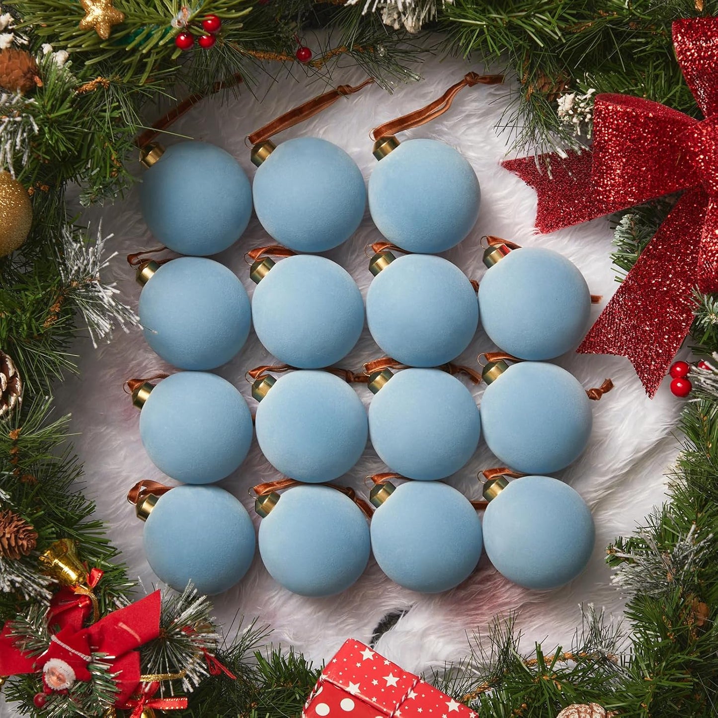 Brightown 15 Pcs Red Velvet Christmas Balls, 3.15 Inch Velvet Ornaments for Christmas Tree, Christma Tree Flocked Ornaments Balls for Family Holiday Wedding Party Xmas Hanging Decoration