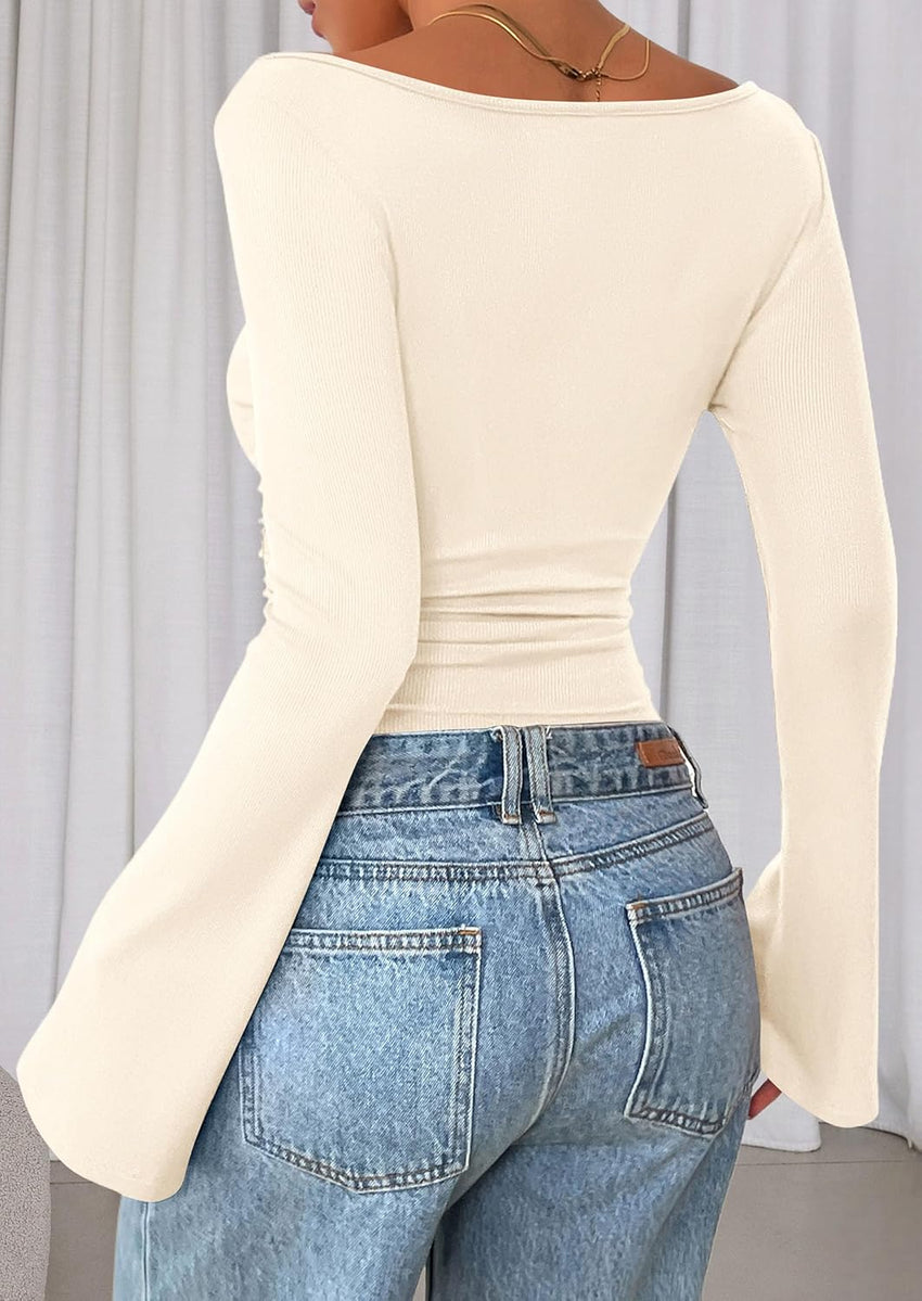 7DAY'S Women's Long Sleeve Shirts 2025 Fall Crop Going Out Tops Casual Boat Neck Bell Sleeve Ribbed Ruched Y2K Clothes