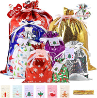 PARTTELY 30 Pack Drawstring Christmas Gift Bags Assorted Sizes Reusable Christmas Tote Bags Gifts Wrapping (22 Pack Drawstring Bags 8 Pack Tote Bags)