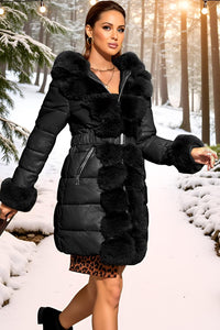RISISSIDA Women Winter Fur Lined Coat,Puffer Jacket with Long Fur Trim Hooded,Warm Leather Bubble Overcoat Cold-resistant