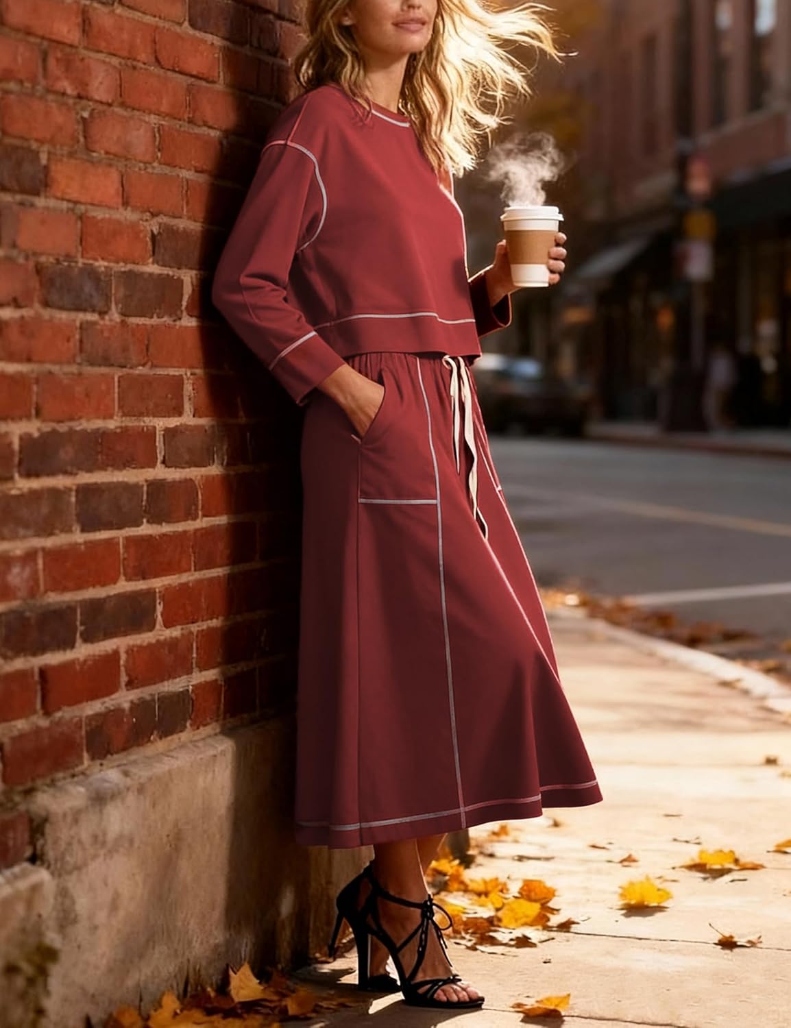 Women’s 2 Piece Skirt Sets Long Sleeve Crewneck Pullover Tops Drawstring Midi Skirt Lounge Set Fall Outfits