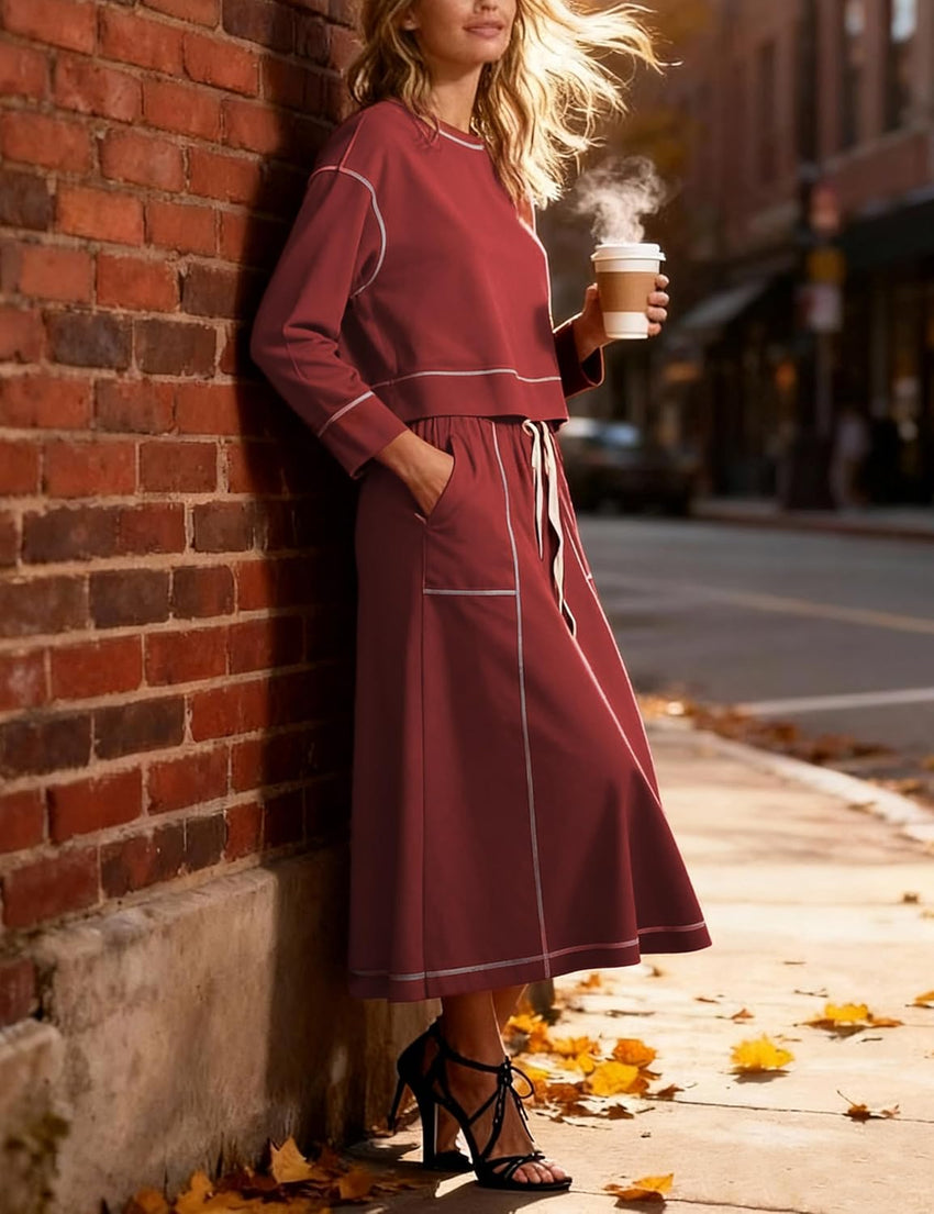 Women’s 2 Piece Skirt Sets Long Sleeve Crewneck Pullover Tops Drawstring Midi Skirt Lounge Set Fall Outfits