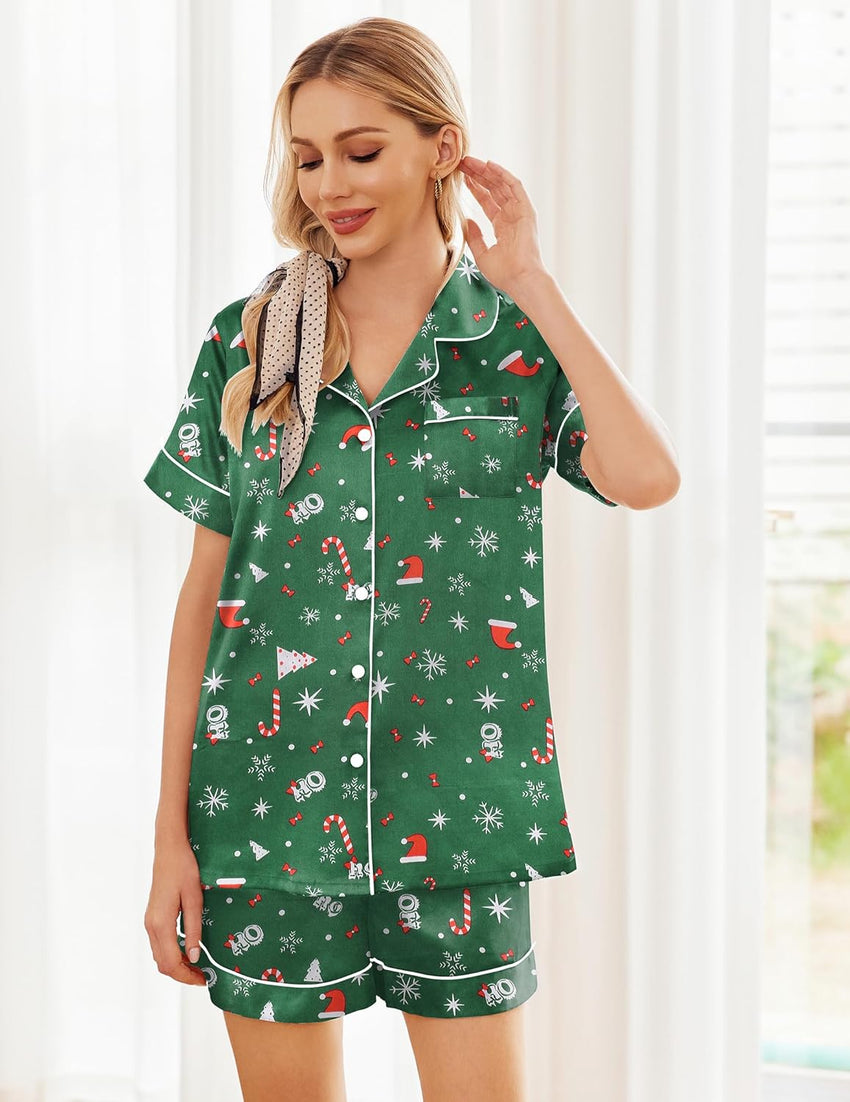 Ekouaer Womens Silk Satin Pajama Sets Soft Short Sleeve Button Down Sleepwear Top and Shorts 2 Piece Pjs Lounge Set