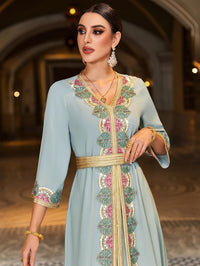 Elegant Floral Embroidered Kaftan Maxi Dress, Handcrafted Abaya 3/4 Sleeve with Gold Trim, V-Neck, Light Blue