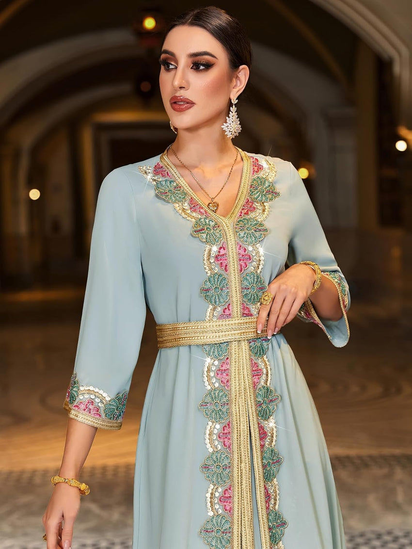 Elegant Floral Embroidered Kaftan Maxi Dress, Handcrafted Abaya 3/4 Sleeve with Gold Trim, V-Neck, Light Blue