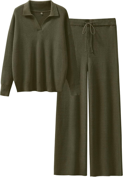ANRABESS Women Two Piece Outfits Sweater Sets Lounge Waffle Knit Pullover Matching Wide Leg Pants Tracksuit 2025 Fall Fashion
