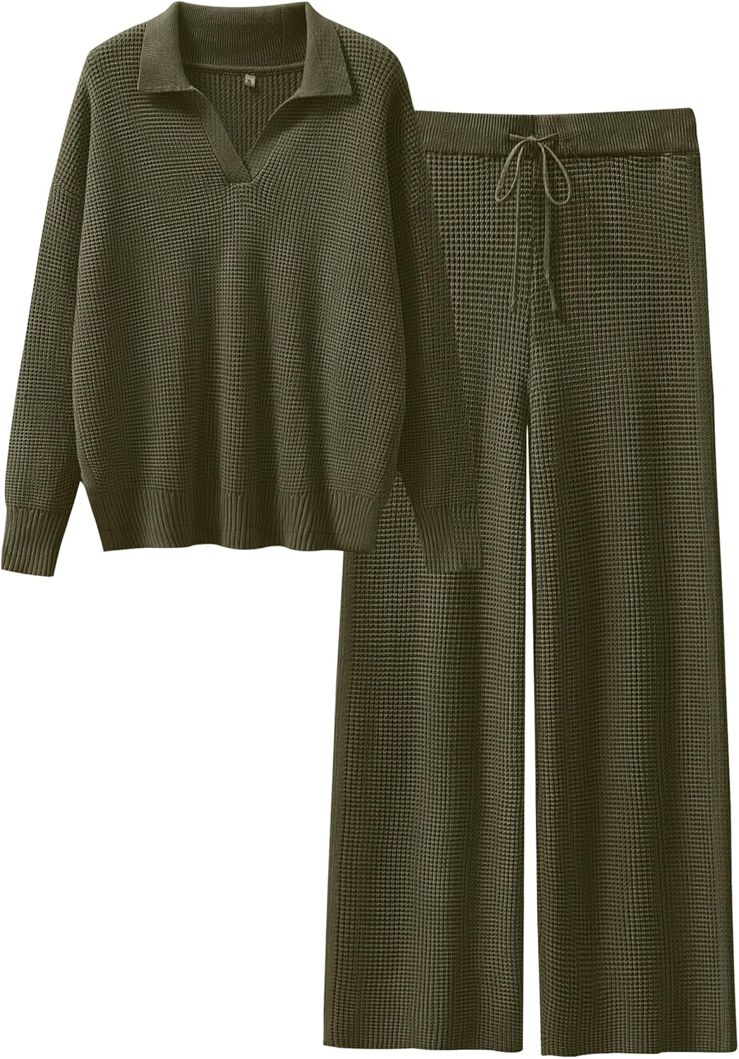 ANRABESS Women Two Piece Outfits Sweater Sets Lounge Waffle Knit Pullover Matching Wide Leg Pants Tracksuit 2025 Fall Fashion