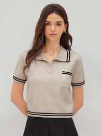 CIDER Short Sleeve Sweater Knit Top Collar Neck Stripe Pullover Casual Elegant Women’s Collared Sweaters