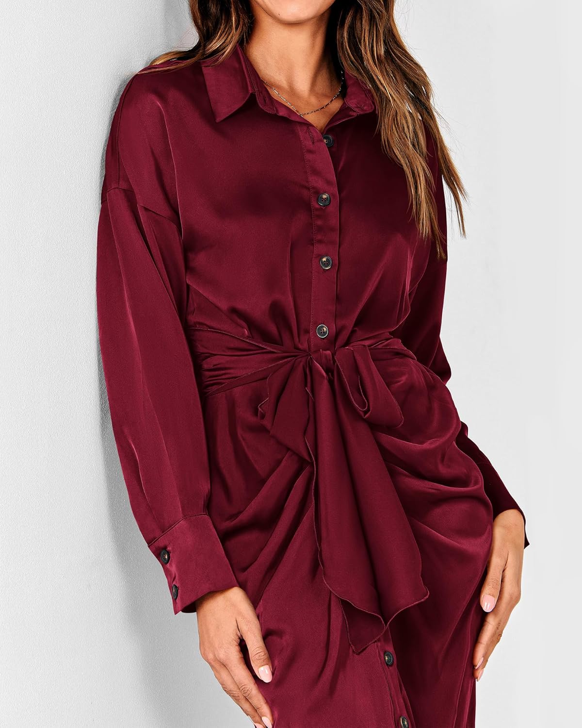 BTFBM Summer Dresses for Women 2025 Long Sleeve Lapel V Neck Button Down Elegant Belted Ruched Satin Shirt Fall Dress