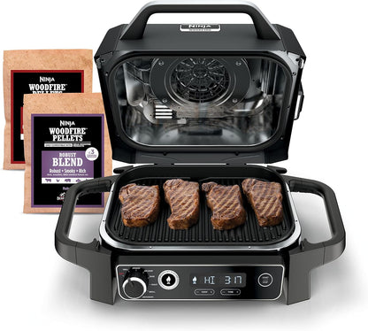 Ninja OG751 Woodfire Pro Outdoor Grill Built-In Thermometer,7-in-1 Master Grill,BBQ Smoker,& Outdoor Air Fryer Plus Bake,Roast,Dehydrate & Broil,Woodfire Technology,Weather-Resistant,Grey XL