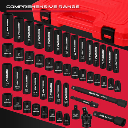 29-Piece 1/2" Drive Impact Socket Set, SAE (3/8 to 1 inch) and Metric (10-24mm) Sizes with Extension Bars Standard Deep Socket Set CR-V Material High Durability Impact Wrench