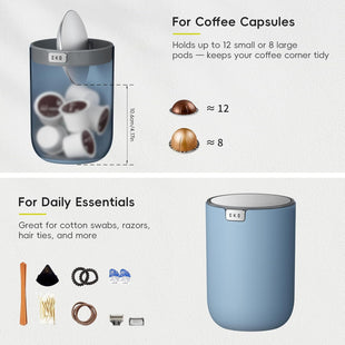 EKO Mini Desk Trash Can with Swing-Top Lid 0.4 Gallon Small Table Round Wastebasket for Office, Home, Car (Blue)