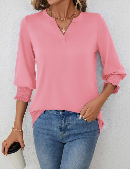 LOMON Blouses for Women Dressy Casual 3/4 Sleeve Tops for Women V Neck T Shirt Ladies Tops and Blouses Orange Blue Print L
