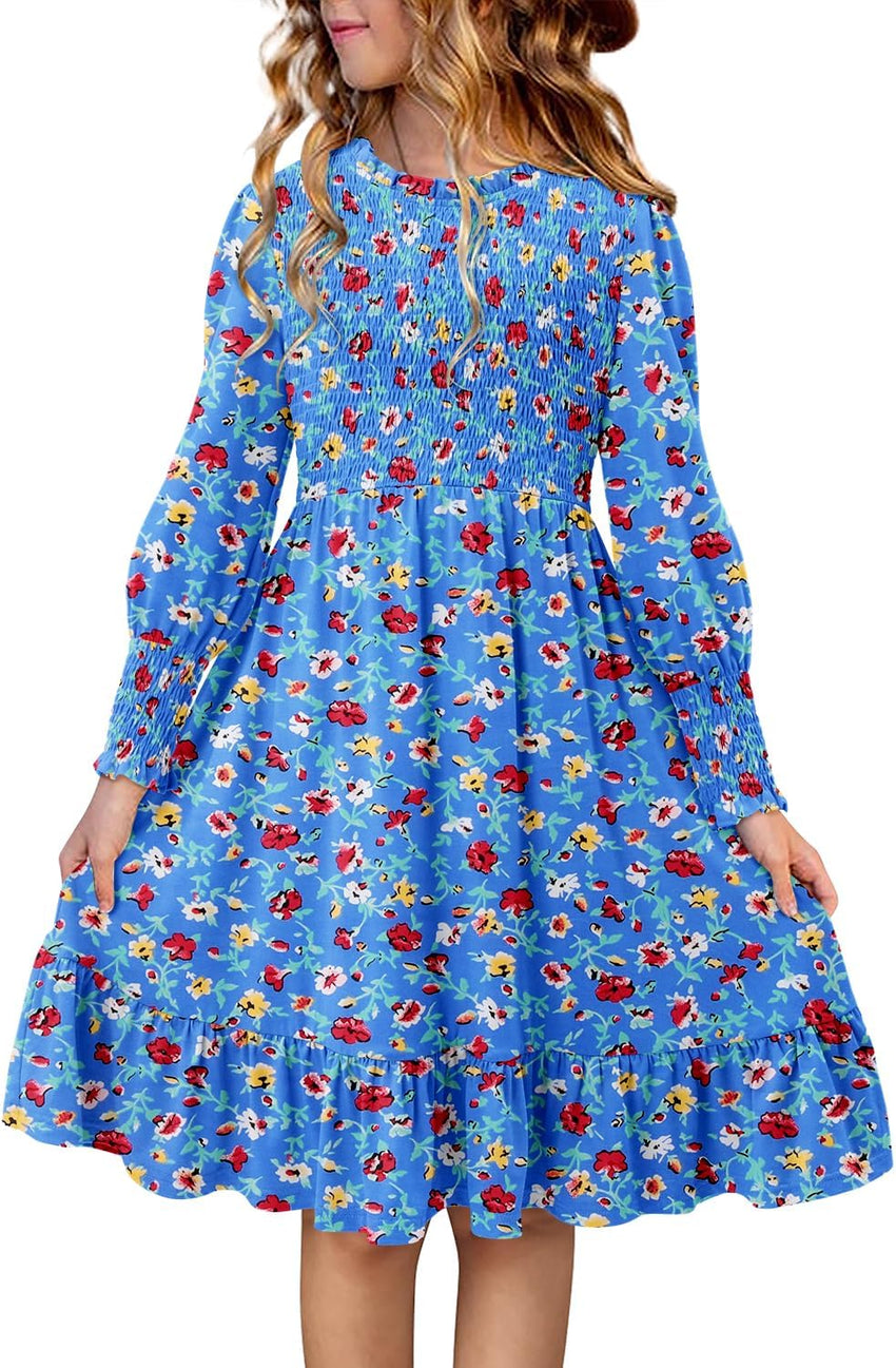 Yoklass Girls Smocked Dress Casual Puff Long Sleeve Ruffle Neck Dresses 4-13 Years