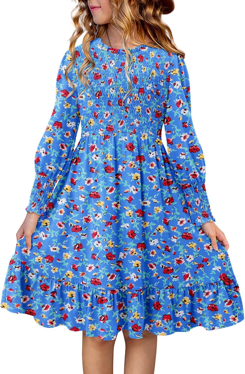 Yoklass Girls Smocked Dress Casual Puff Long Sleeve Ruffle Neck Dresses 4-13 Years