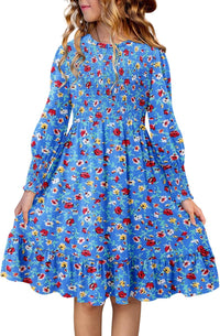 Yoklass Girls Smocked Dress Casual Puff Long Sleeve Ruffle Neck Dresses 4-13 Years