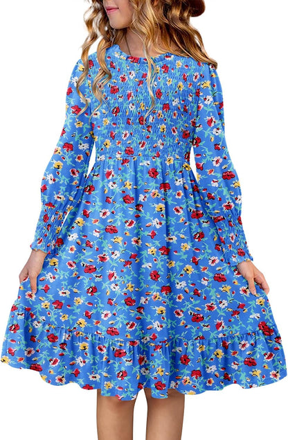 Yoklass Girls Smocked Dress Casual Puff Long Sleeve Ruffle Neck Dresses 4-13 Years
