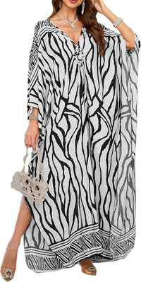 Women Kaftan Dresses Plus Size V-Neck Batwing Sleeves Beach Cover Up 2025 Summer Floral Print Caftan Dress