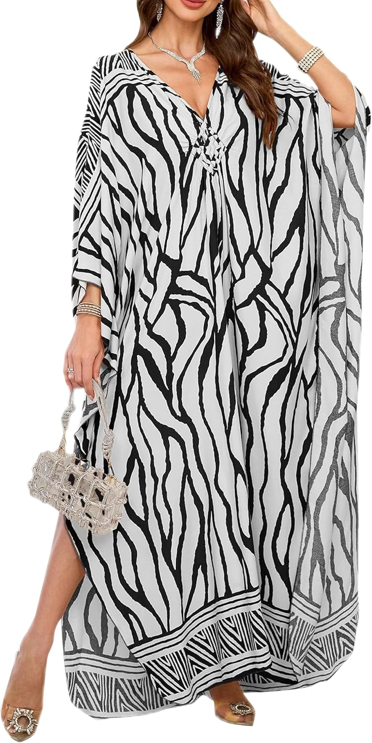 Women Kaftan Dresses Plus Size V-Neck Batwing Sleeves Beach Cover Up 2025 Summer Floral Print Caftan Dress