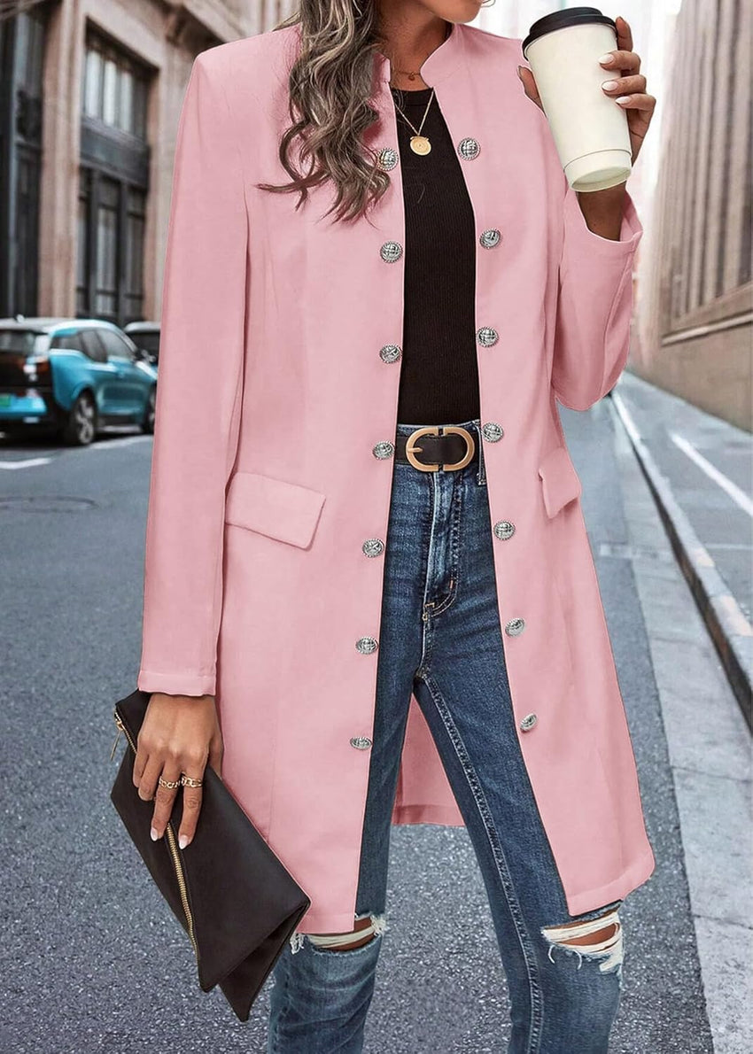 Mina Self 2024 Fall Fashion Long Blazer Jacket Double-Breasted Elegant Open Front Solid Business Casual Pocket Suit