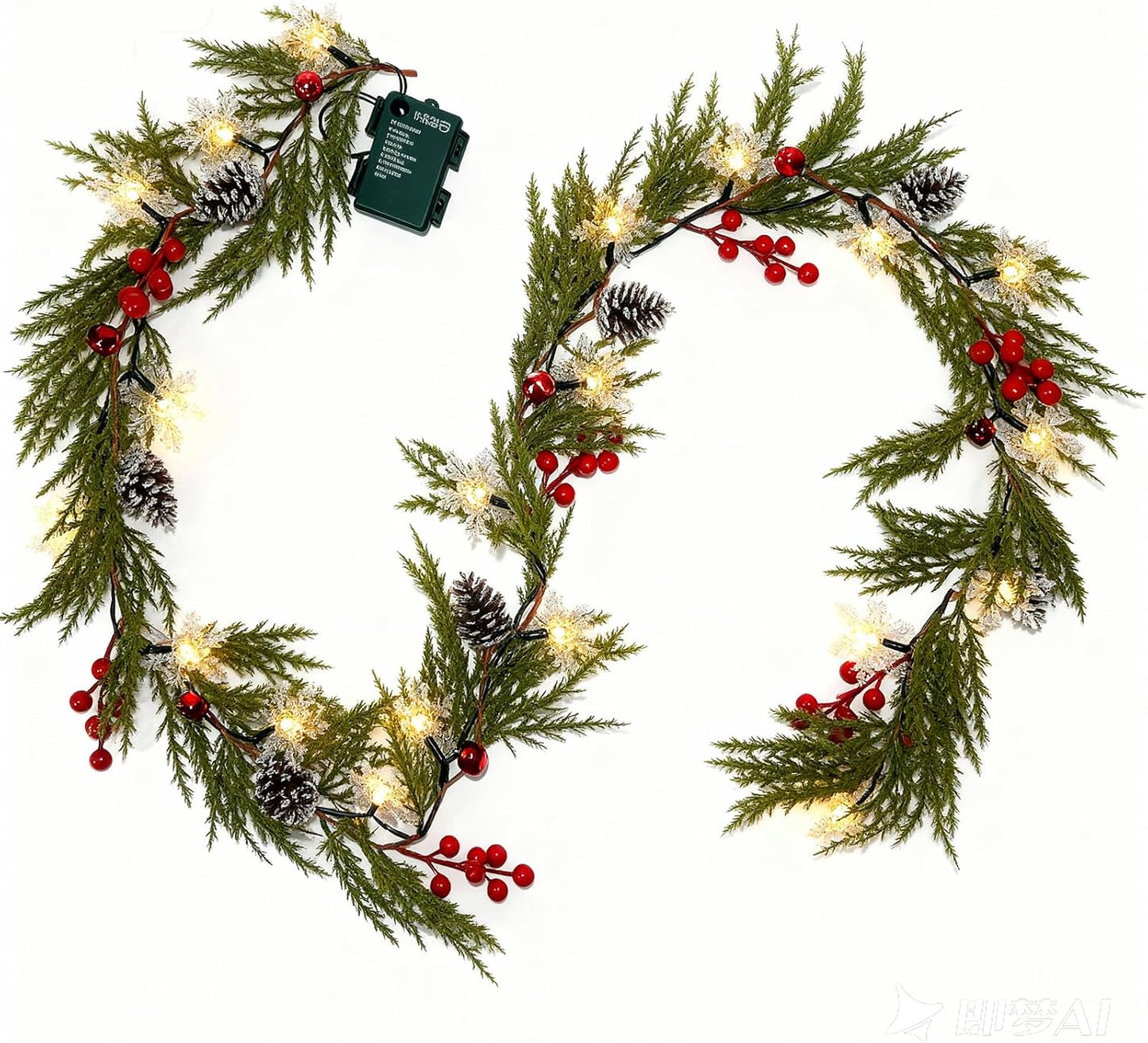 Christmas Garland 6FT 20 LED Bulbs Cypress Pine Garland with Lights Battery Operated with Timer Bells Red Berries Pinecones Green Garlands Decoration for Xmas Holiday Thanksgiving New Year Home Decor