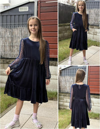 Arshiner Girls Dresses Contrast Mesh Velvet Long Sleeve A-Line Vintage Party Dress with Pockets