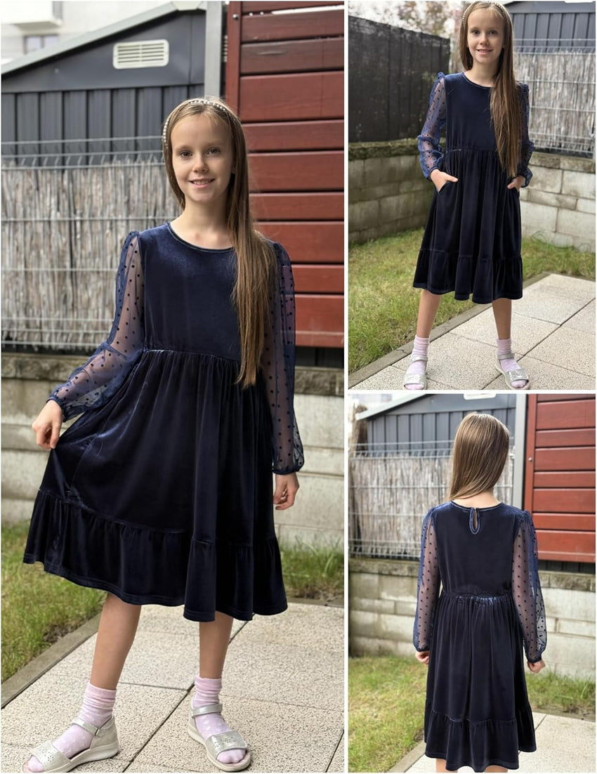 Arshiner Girls Dresses Contrast Mesh Velvet Long Sleeve A-Line Vintage Party Dress with Pockets